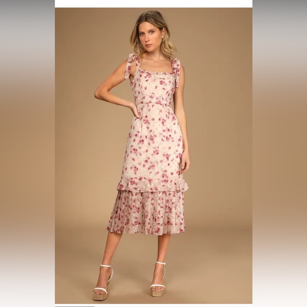 Terrace Views Taupe Floral Print Tiered Midi Dress